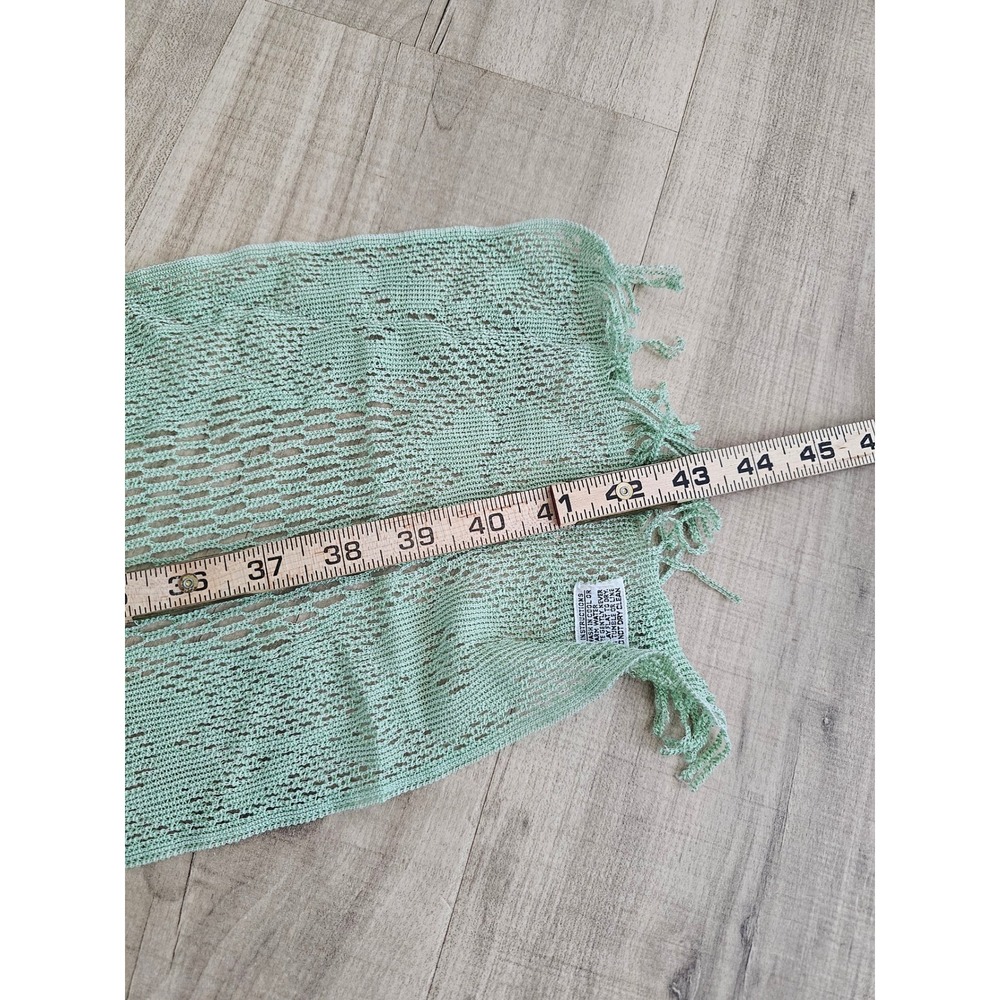 Vintage Mint Green Open Knit Scarf Fringe Trim Pointelle Mesh Made in Japan - Picture 3 of 7